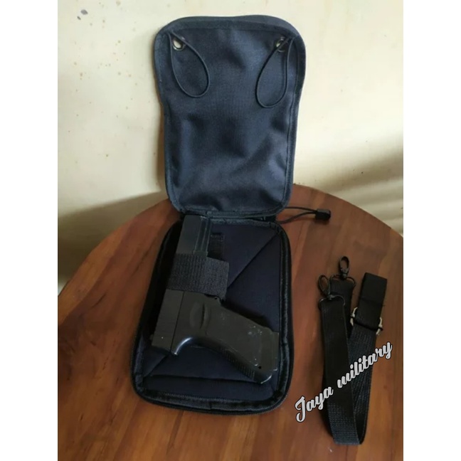 TAS SENJATA / TAS AIRSOFT/ TAS PISTOL/ TAS RANGE BAG/TAS  PISTOL PINGGANG DAN SELEMPANG WARNA HITAM / TAS PISTOL GLOCK REVOLVER/SELEMPANG AIRSOFTGUN/AKSESORIS MENEMBAK