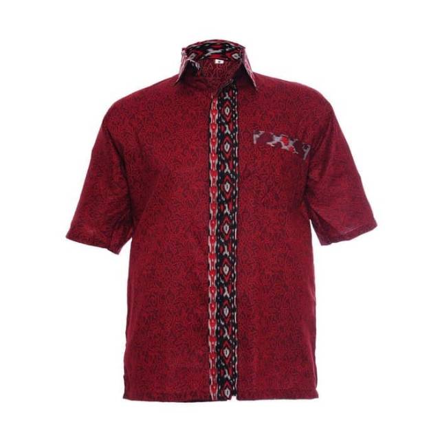 Seragam Kemeja Batik Mega Mendung Kantor Merah maroon Pendek - Merah, XL