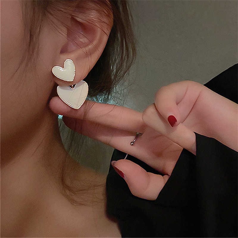 Korean Version of Milky White Double Love Earrings for Girls  Simple and Sweet Earrings  Women's Fashion Jewelry Accessories