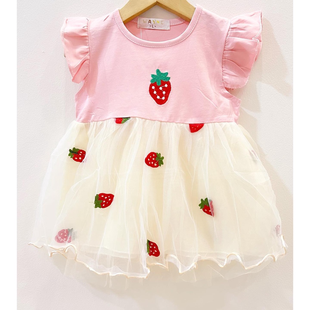 IMPORT DRESS STRAWBERRY / GOLDEN GOOSE / SLEEPING BEAUTY Pakaian Baju Pergi Lucu Fashion Anak Bayi Perempuan Cewek Terlaris Impor-Strawberry Pink