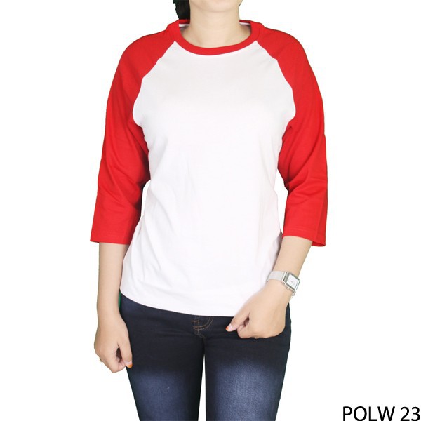 Kaos Raglan Polos Wanita Cotton Combed S20 Putih Kombinasi Merah – POLW 23