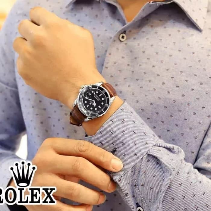 Jam Tangan Rolex Pria Tanggal Aktif Tali Kulit - Coklat