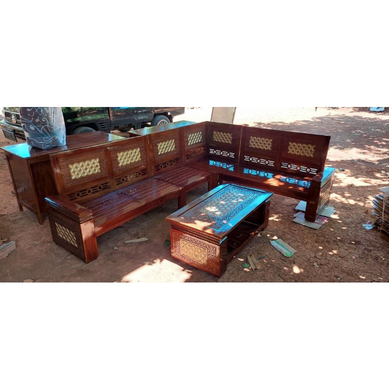 KURSI TAMU SUDUT MINIMALIS KAYU JATI FREE BANTAL
