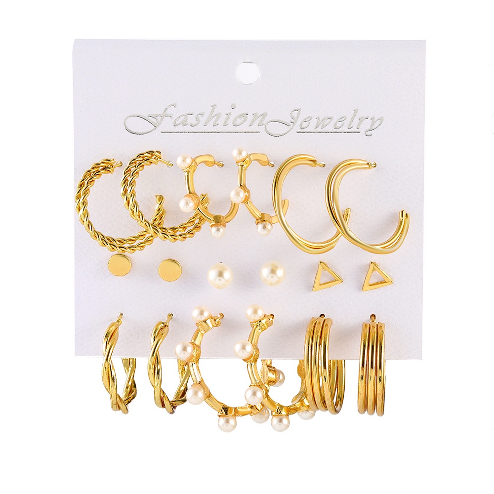 9 Pcs / set Anting Mutiara Imitasi Bentuk Geometris Bahan alloy Gaya retro Eropa Amerika