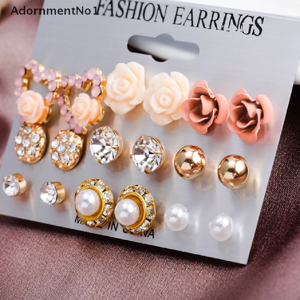 (AdornmentNo1) 9 Pasang / Set Anting Tusuk Desain Bunga Hias Kristal + Mutiara Gaya Elegan Untuk Wanita