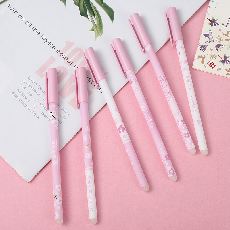 YTJ-5pcs Pink Easy-erasing Gel Pen Sakura Erasable Pen Blue Black Ink Refill for School Office Writing