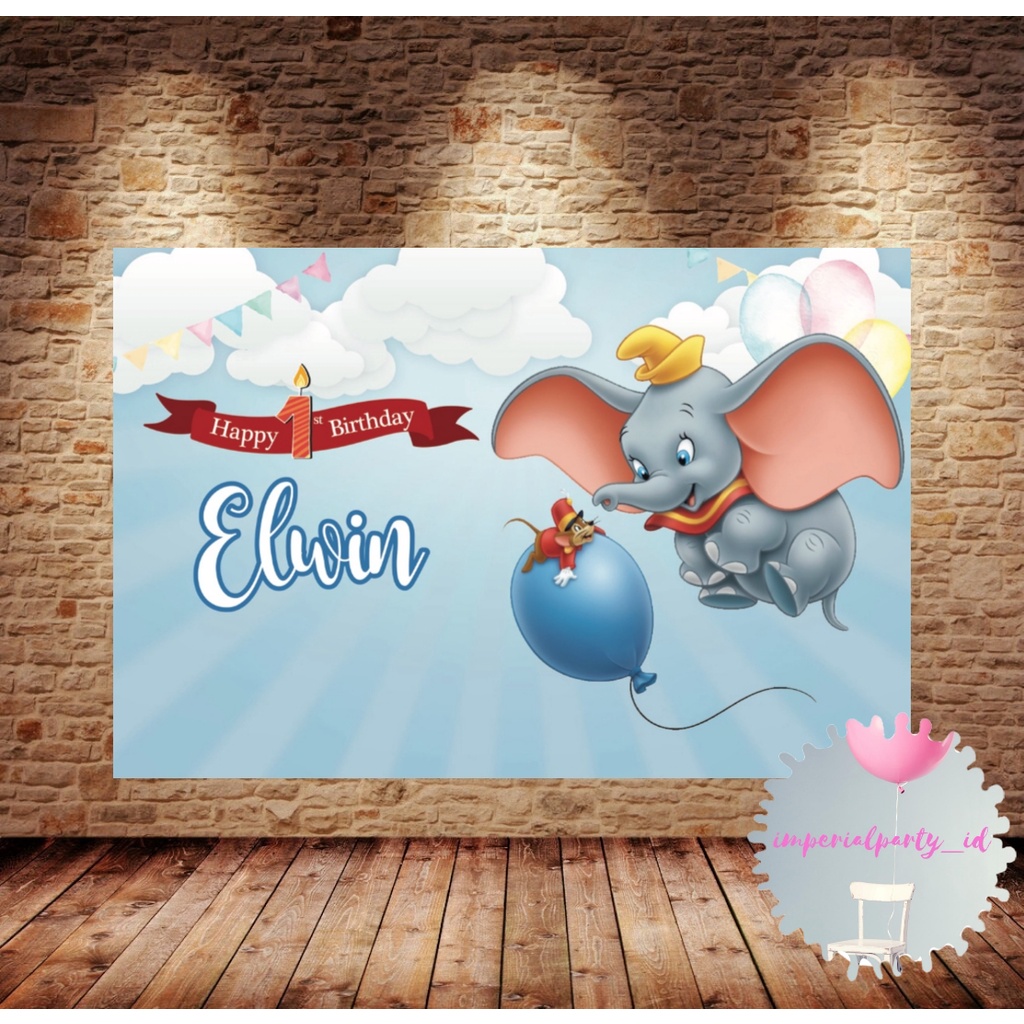Custom Backdrop Banner Spanduk Happy Birthday Dumbo Gajah Elephant
