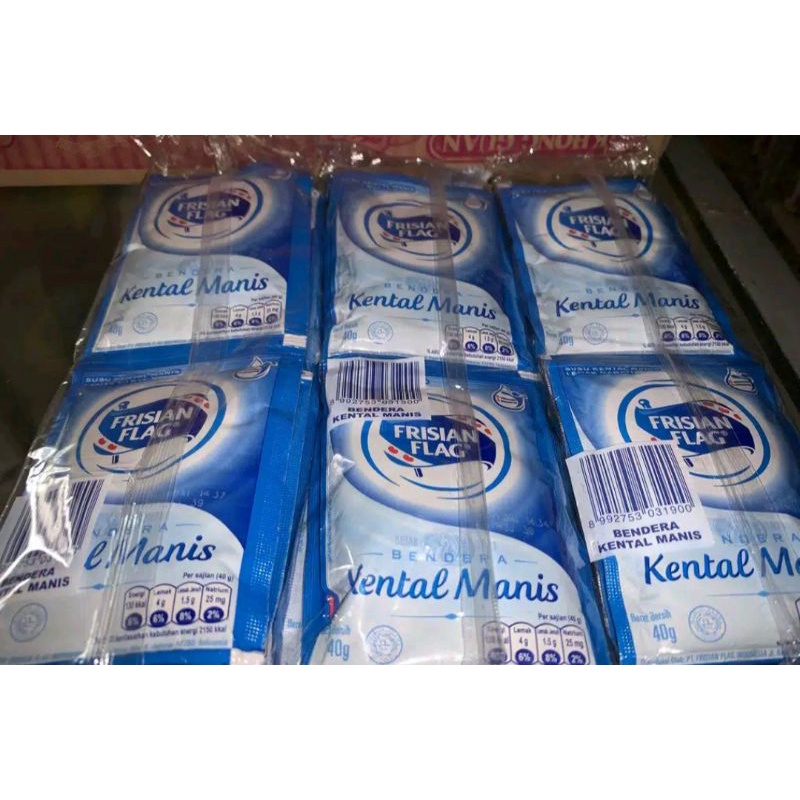 

Susu Bendera Frisian Flag Kental Manis PUTIH& COKLAT Renceng isi 6 Sachet X 40 gram