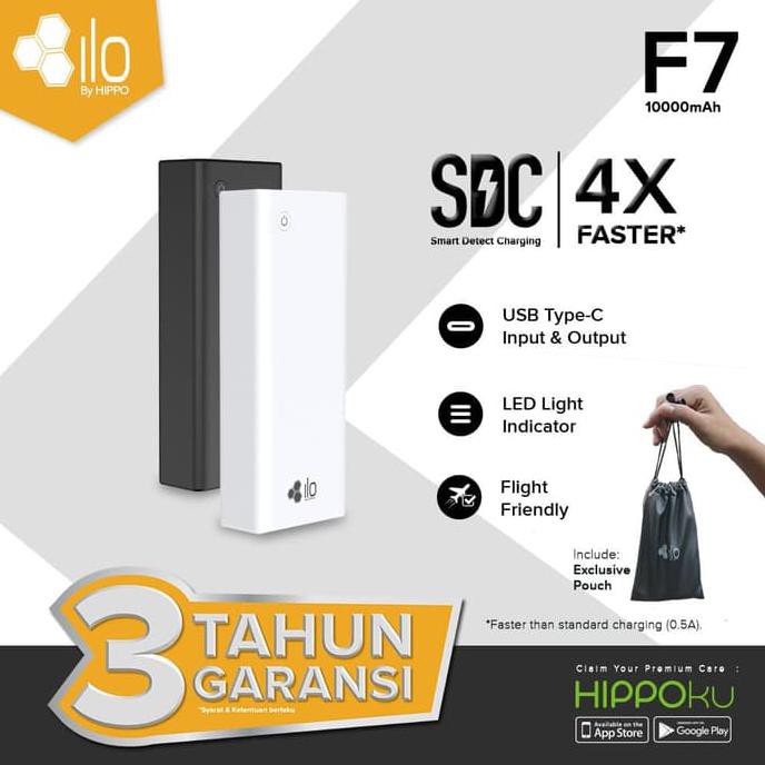 IHOT SALEl Hippo Power Bank Ilo F7 10000 mAh Smart Detect Charging FREE Pouch - Putih ICLQl