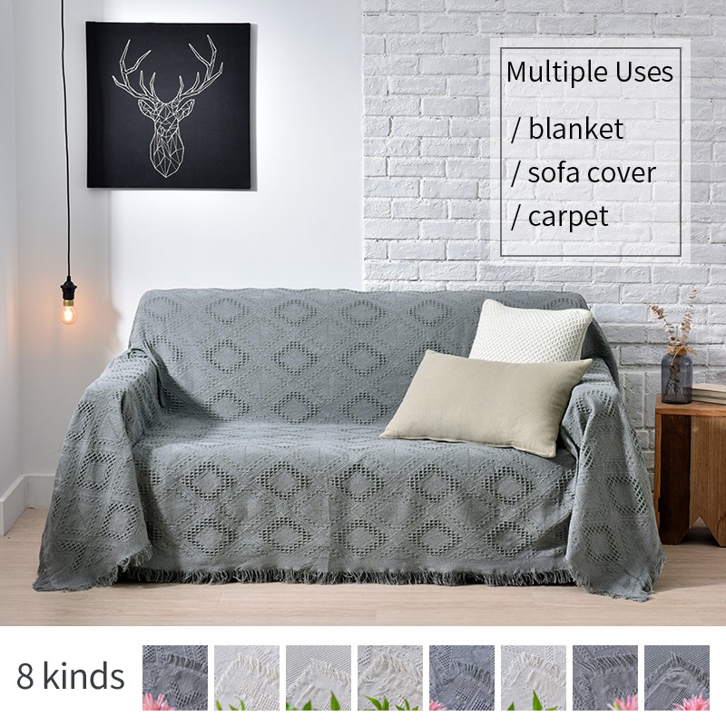 Grey Sofa Cover Cotton Blending Fabric Fringe Design Slipcover