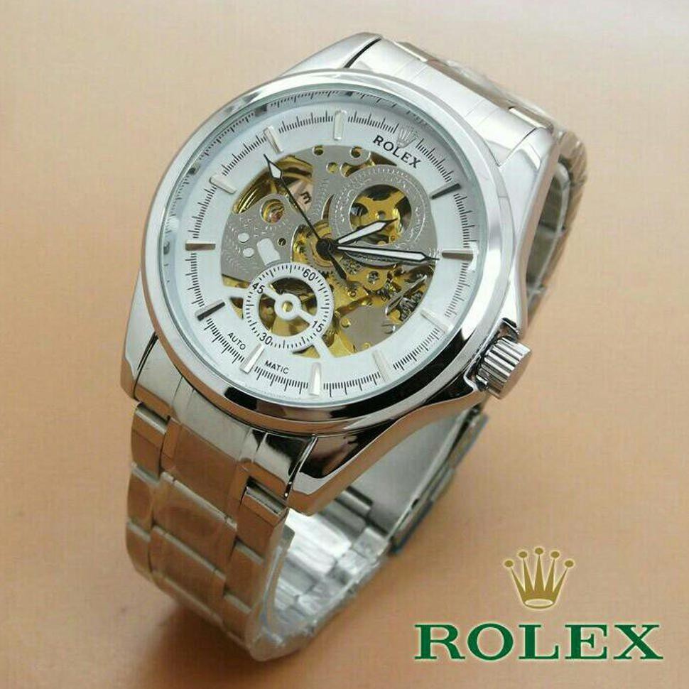 HOT Jam tangan Rolex skeleton transparan D rantai automatic tanpa baterai batre warna silver
