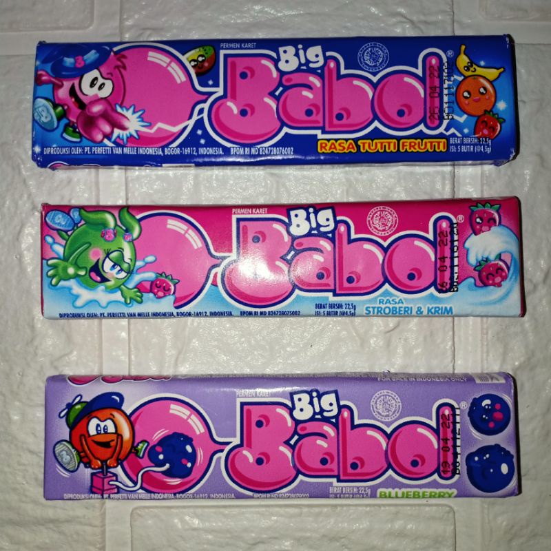 

PERMEN KARET BIG BABOL STRIP/HANGER RASA TUTTI FRUTTI, BLUEBERRY, STOBERI&KRIM 22,5g Warung Online