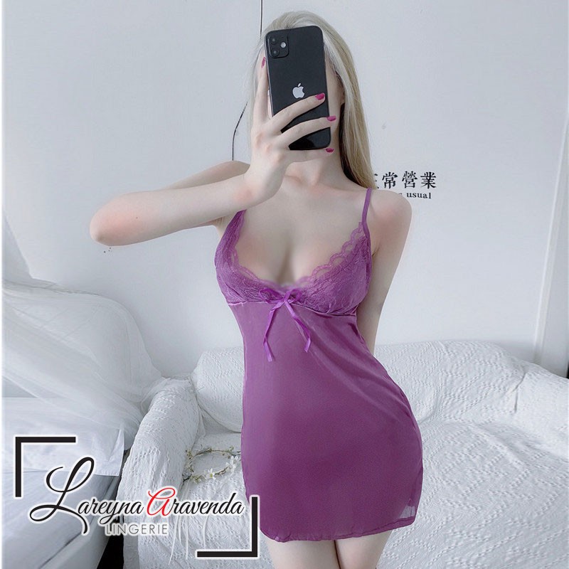 Lareyna Aravenda Set Lingerie Gaun Malam Bahan Satin Tanpa Lengan Model Mini Daster LG009