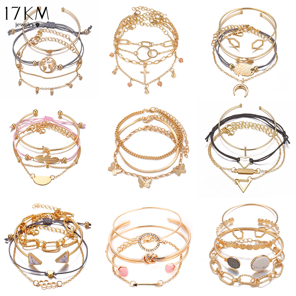 Set Gelang Multilayer Desain Bulan Bintang Kerang Gaya Vintage 17km Warna Emas Untuk Wanita