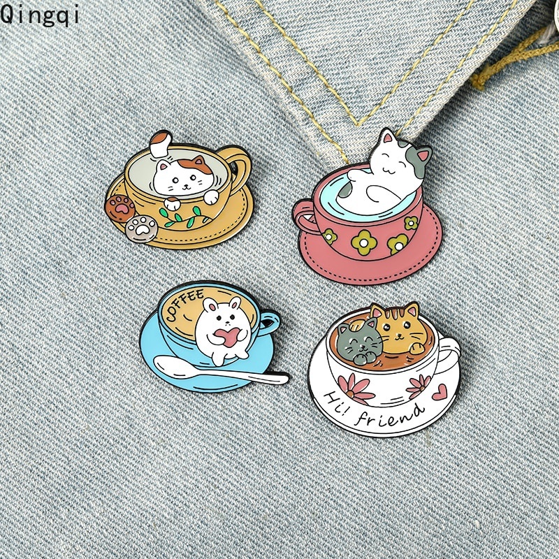 Bros Pin Enamel Bentuk Kartun Kucing Cangkir Kopi Untuk Hadiah