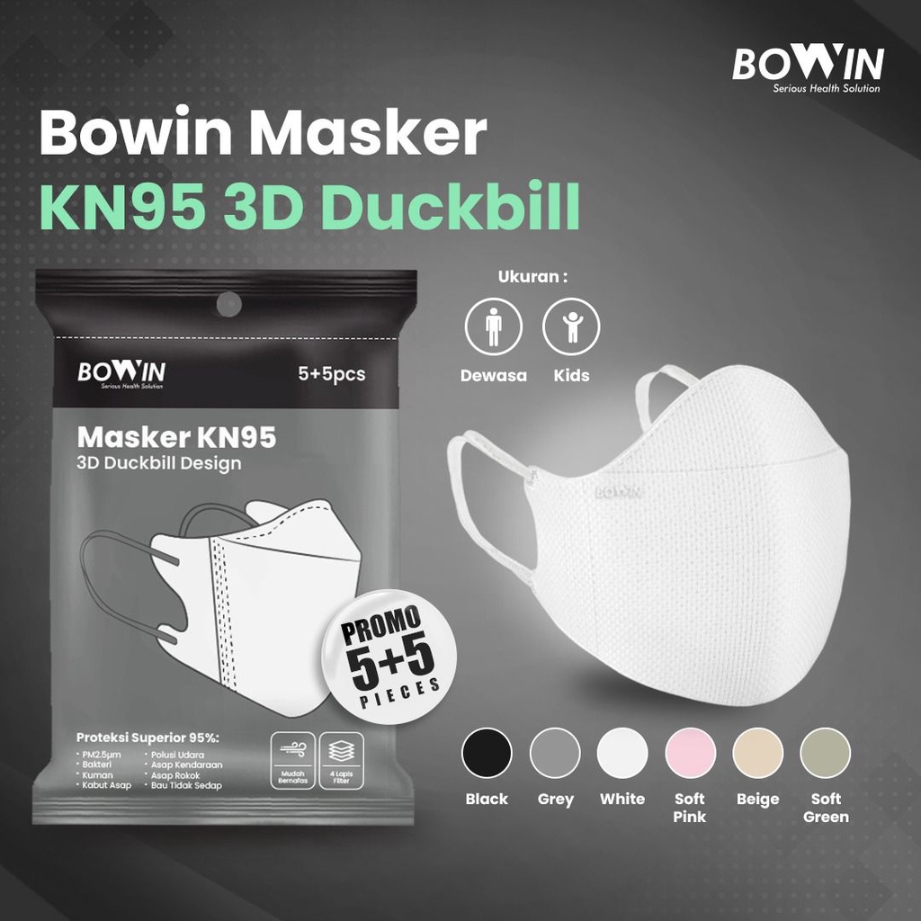 BOWIN Masker KN95 - DUCKBILL 3D (Filter ≥95% BFE PFE) Masker Medis / Masker Kesehatan (isi 3 / 10 pcs)