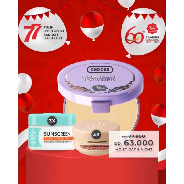 Paket 3 Viva Sunscreen Foundation  3 Viva Collagen Night Cream 1 Viva Compact Powder Lilac