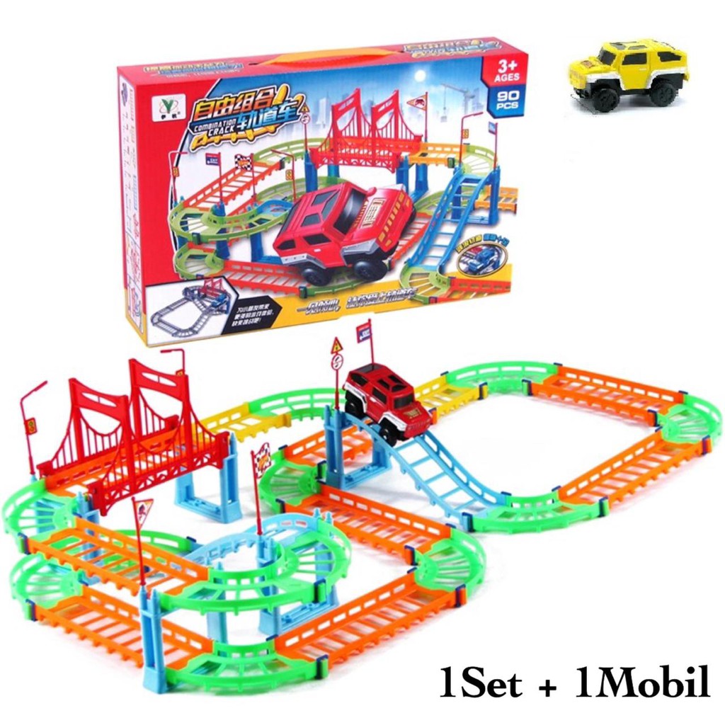 [ Funny ] 90Pcs Mainan Anak Edukasi Track Mobil / Mainan Jalur Kereta Api Bisa Bongkar Pasang-Warna 1set + 1mobil