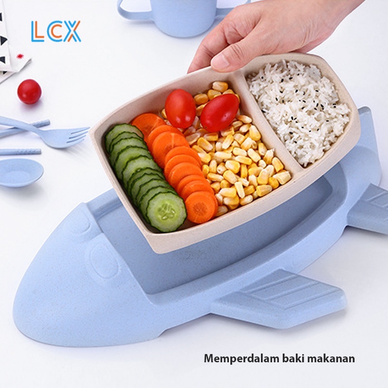 LCX 6 Pcs Set Tempat Makan Anak Piring Mangkuk Wheat Straw Pesawat Terbang  Mangkuk Bayi  BPA Free