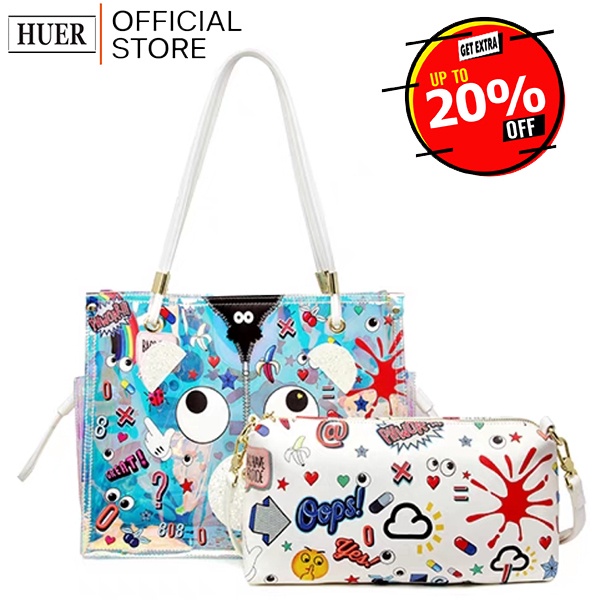 HUER ~ Calihye Eye Theme Printed Hologram Tote Bag 9454-194White