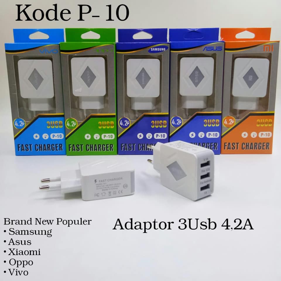 TRAVEL Batok Adaptor Branded KODE P10 NON Kabel Samsung Oppo Xiaomi Asus Vivo