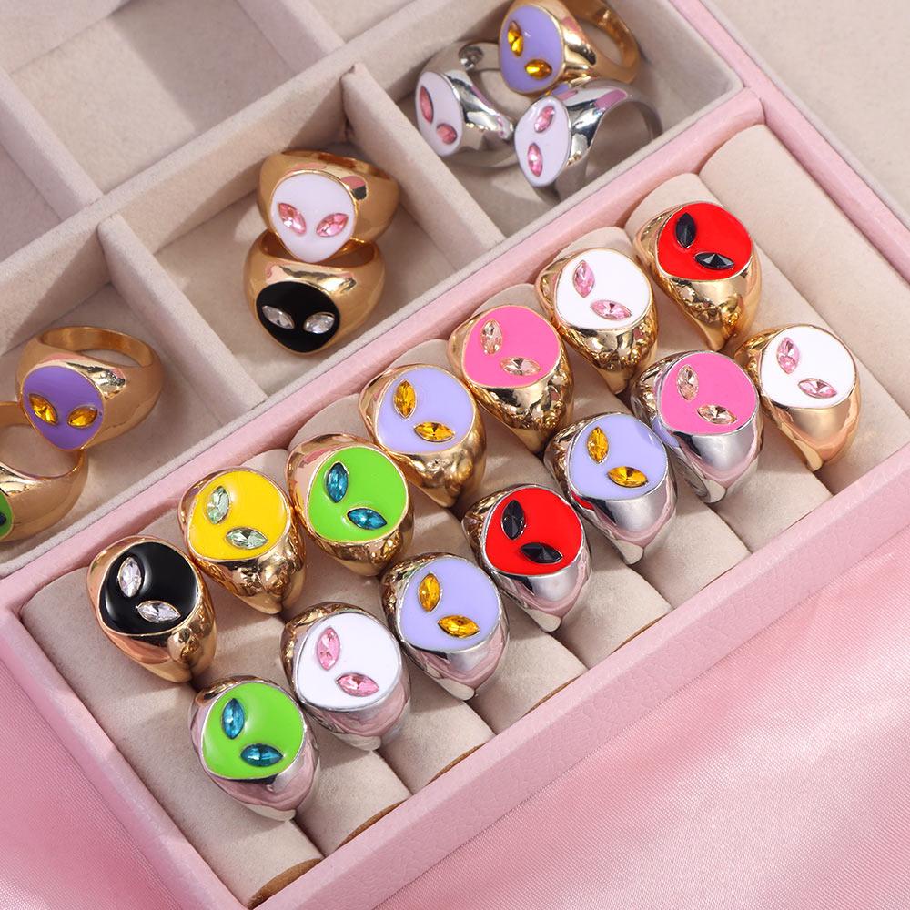 Needway Alien Face Rings Keren Geometris Enamel Gadis Zirkon Kristal Perhiasan Fashion