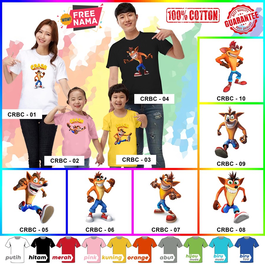 [FREE NAMA!!] Baju Kaos COUPLE  ANAK DAN DEWASA CRASH BANDICOOT BANYAK MOTIF