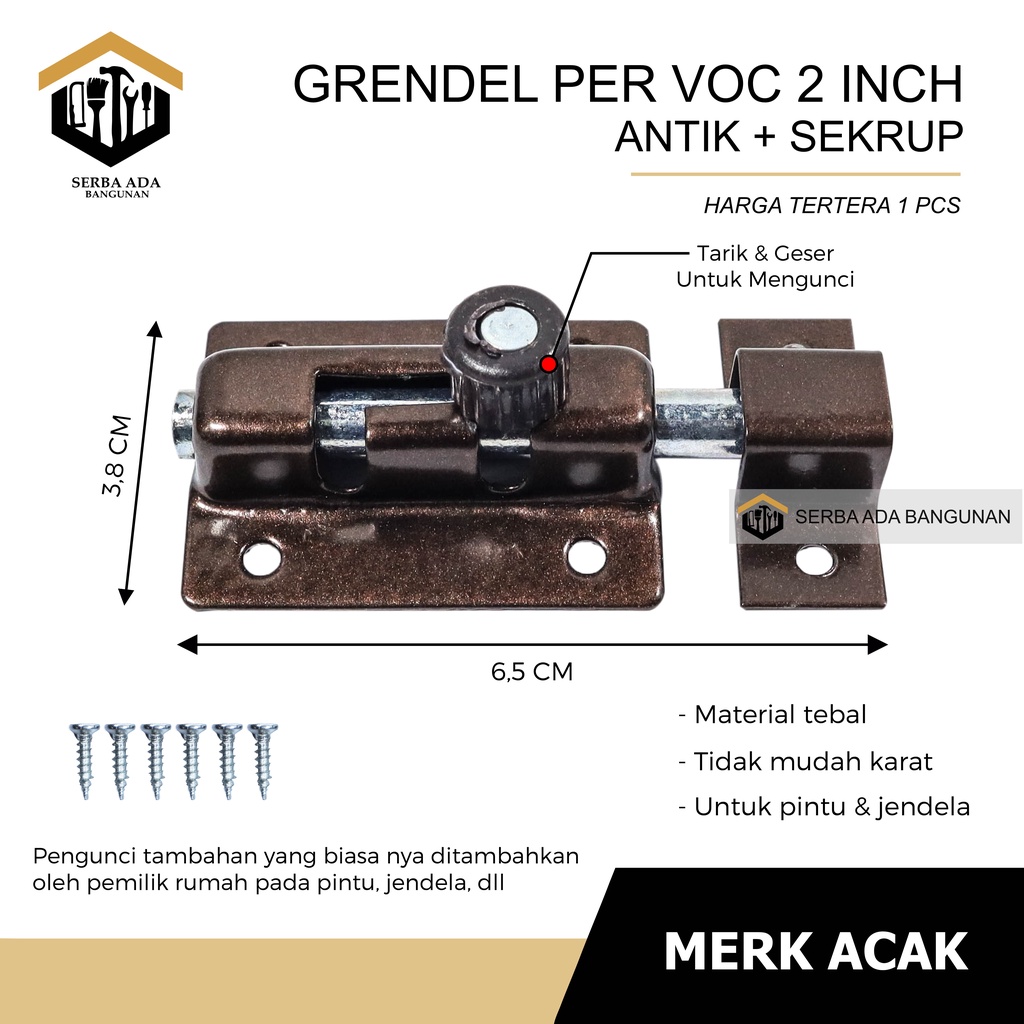 Grendel Tower Bolt VOC Slot Pintu Jendela 2 Inci / 5 cm l  Skrup Baut MODEL PER TINGGAL TARIK ORI