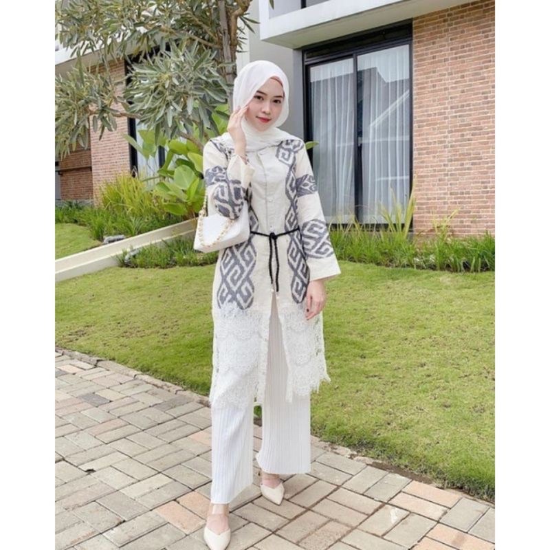 Dress Casual Tenun Blanket Kombinasi Mix Brukat Renda Etnik Tradisional Outfit Masa Kini