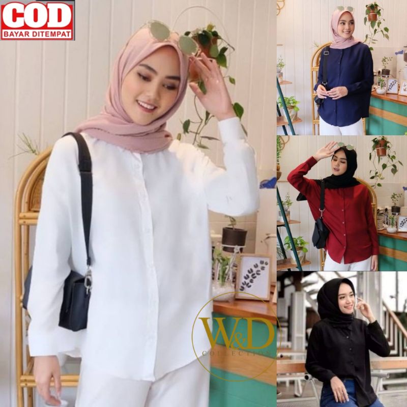 KEMEJA POLOS TANGAN SKODER | BAJU KANTOR PUTIH HITAM | KEMEJA FORMAL| ATASAN WANITA LENGAN PANJANG-1