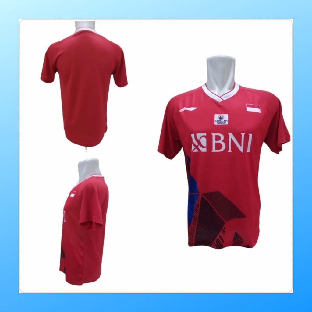 Kaos badminton pria jersey bulutangkis baju atasan jersy wanita dewasa t-shirt outfit seragam kostum olahraga casual suit pakaian jarsey oblong apparel sports jersi bulu tangkis L156 merah sponsor