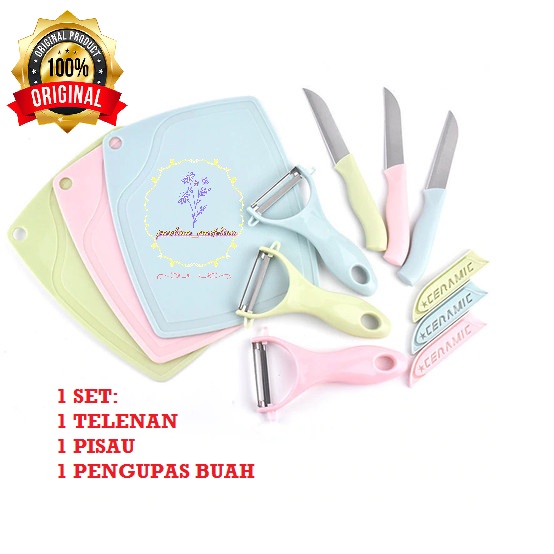 TERMURAH SURABAYA Pisau Set 3 in 1 Talenan Set Knife Set Peeler Buah TELENAN WARNA ACAK