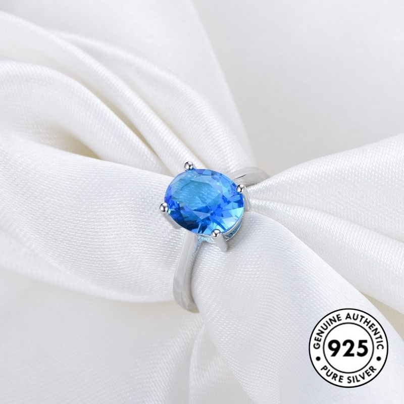 Cincin Sterling Silver 925 Klasik Dengan Kristal Warna Biru Untuk Wanita