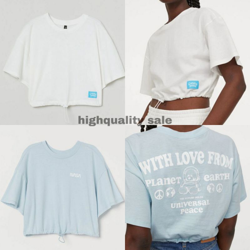 [JASTIP] H&M KAOS CROP TOP DRAWSTRING SERUT TSHIRT BIRU NASA PUTIH GRATEFUL