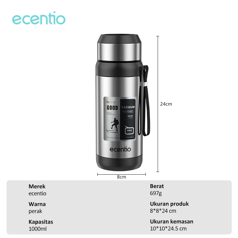 ecentio &amp; FOODI Termos air panas stainless steel Anti bocor LED 1000ml /stainless steel perak with detachable band/Vacuum Flask Vacuum silver