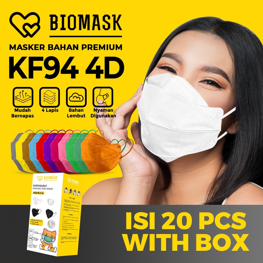 BIOMASK - Masker KF94 EVO 4D PREMIUM 4PLY 1 Box isi 20PCS Biru / Abu Abu / Hijau / Kuning / Coklat /