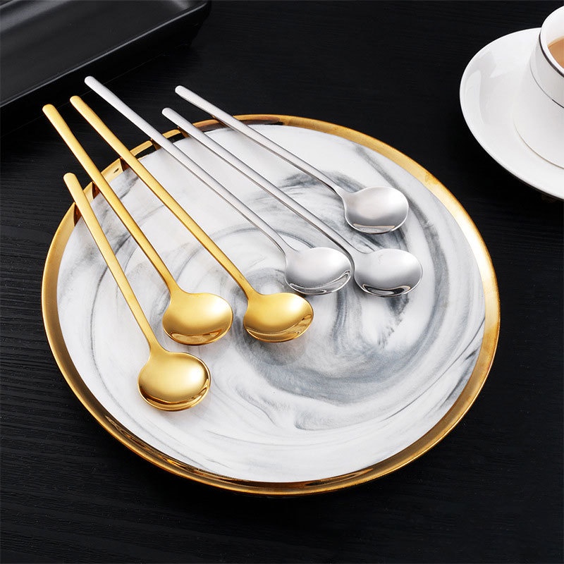 Dinner Dessert Spoon Coffee Stirring Scoop Stainless Steel Sendok Bulat Kecil Dengan Gagang Panjang High Quality Dinner Dinnerware