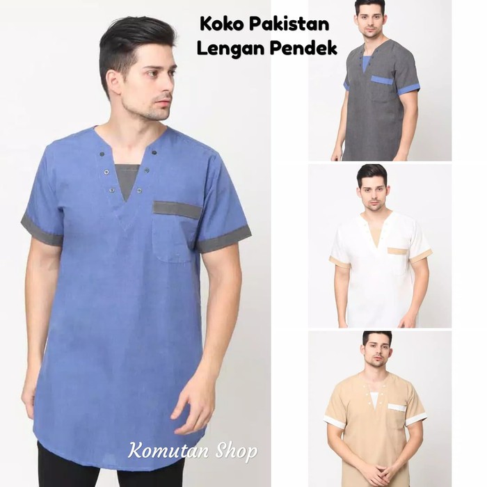 Baju Koko Lengan Panjang Model V-Neck / Kurta Pakistan / Jubah / Gamis Pria Katun