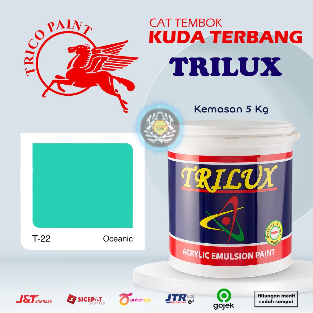 CAT AIR CAT TEMBOK DINDING TRILUX KUDA TERBANG 5 KG WARNA T-22 OCEANIC T22 MINT BIRU TOSCA HIJAU TOSCA HIJAU TELUR ASIN PASTEL 5KG INTERIOR EXTERIOR ACRYLIC EMULSION PAINT MURAH ULTRATEX NIPPON KIMEX QLUC AVITEX BAGUS TERMURAH DI MEDAN BINJAI SUMATERA