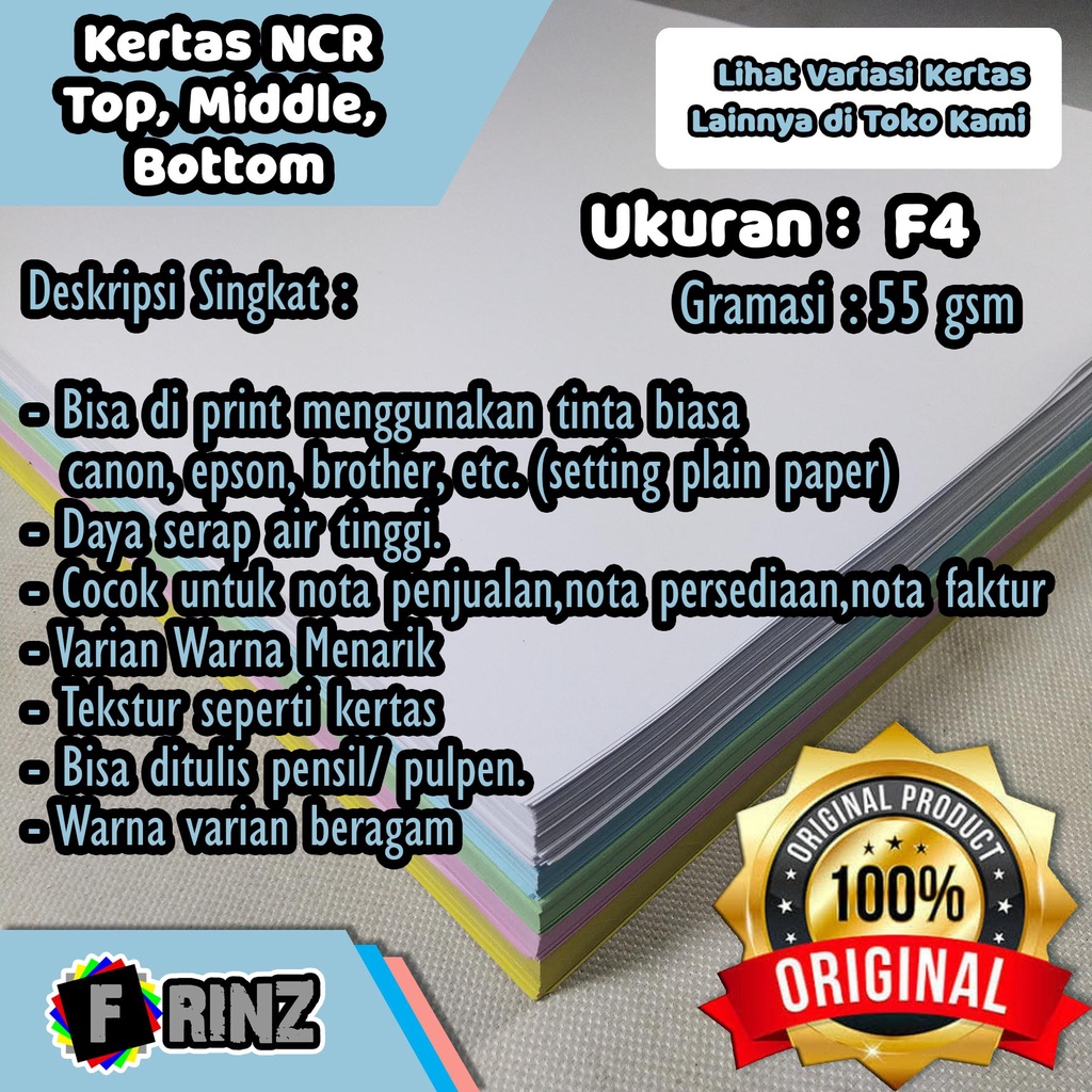 

Kertas NCR Top Middle Bottom / Carbonless Paper / Kertas Nota High Quality 55 Gsm