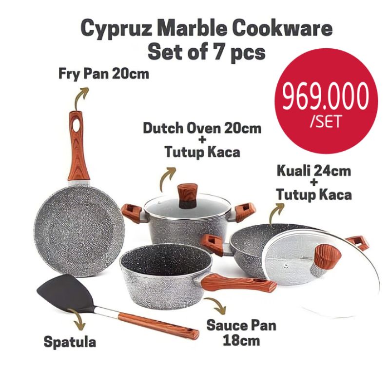 Cypruz Marble Cookware Set of 7 pcs, panci teflon set anti lengket, set panci marble mewah cyprus