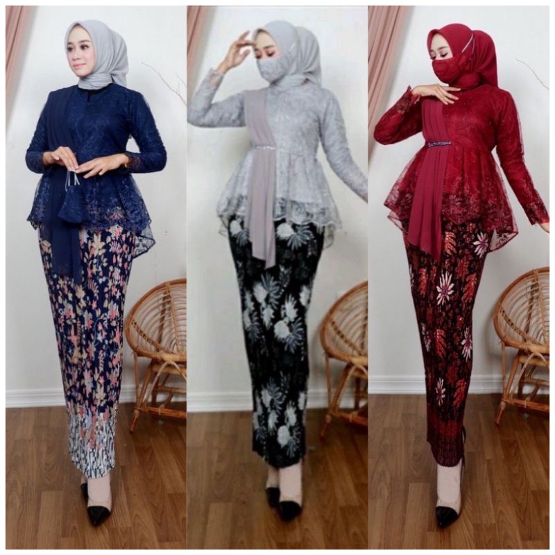 Luxy - Set Kebaya Blouse Selendang Busui Resleting Depan Kebaya Modern Kebaya Brokat Pesta Pernikaha
