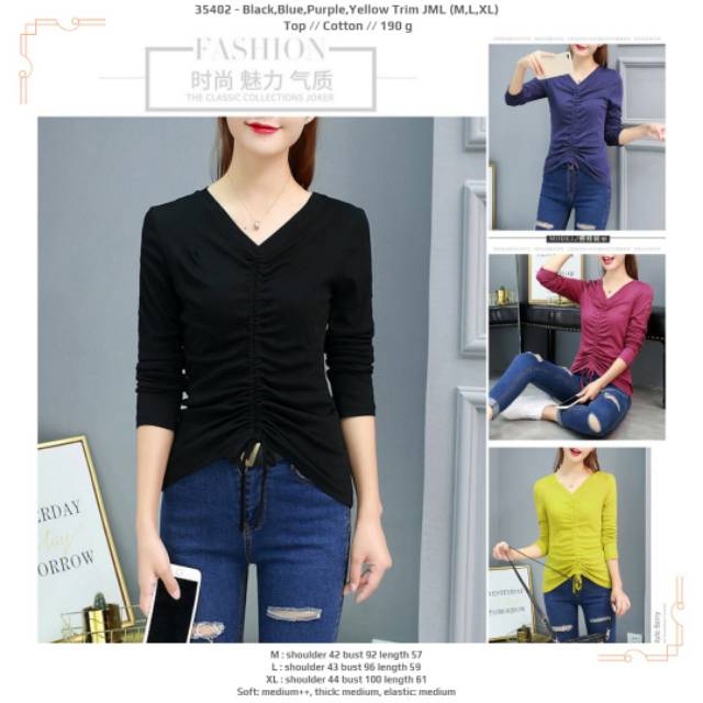 Kaos cewek serut polos hitam kuning ungu biru lengan panjang