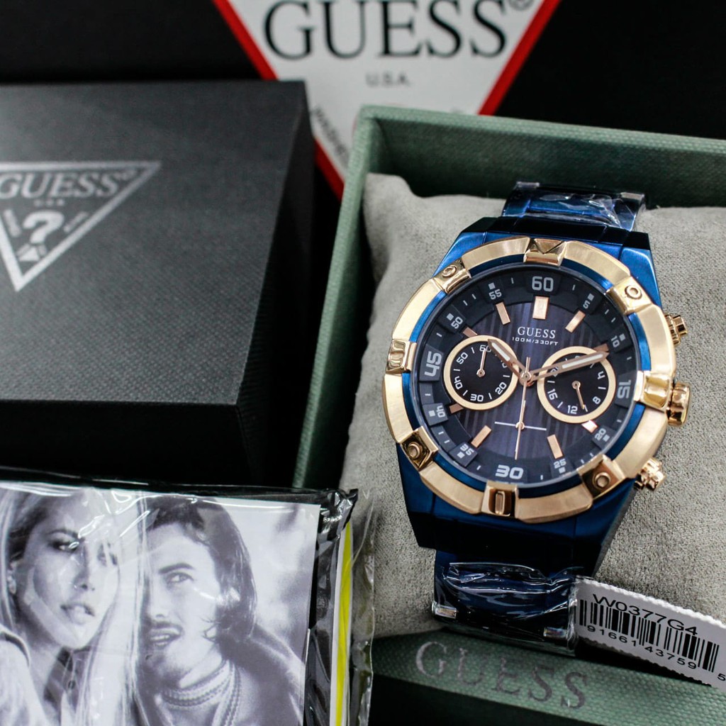 promo d=44mm, jam tangan pria Guess W0377G4 Original , all stainless steel, chronograph stopwatch