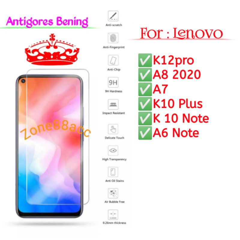 Lenovo K12pro A8 A7 K10plus k10note A6note Antigores Bening Tempered Glass Screen protector TG