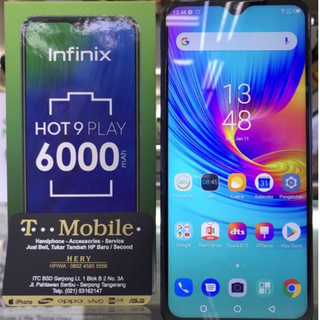 INFINIX HOT 9 PLAY RAM 4GB 64GB QUETZAL CYAN, SECOND MULUS, FULLSET ORI, GARANSI RESMI