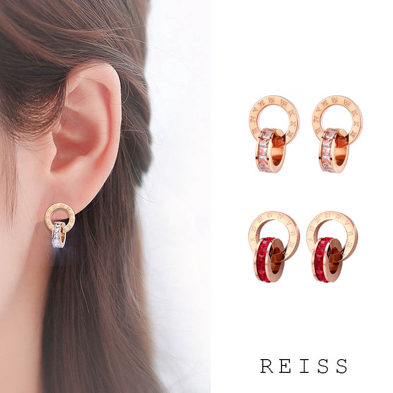 Anting Bentuk Cincin Ganda Bahan Titanium Aksen Berlian Warna Merah Dan Putih