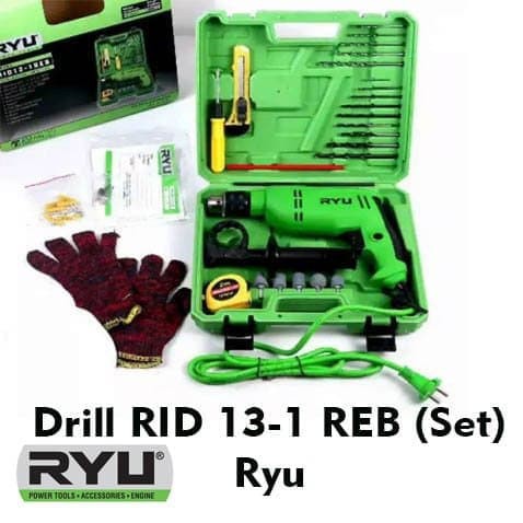 RYU RID13-1REB Impact Drill Set Box Mesin Bor 13 Mm 13mm Impact Drill Plus KOPER + Aksesoris 27 Pcs Bor Beton Tembok RID 13-1 MURAH ORIGINAL BERGARANSI