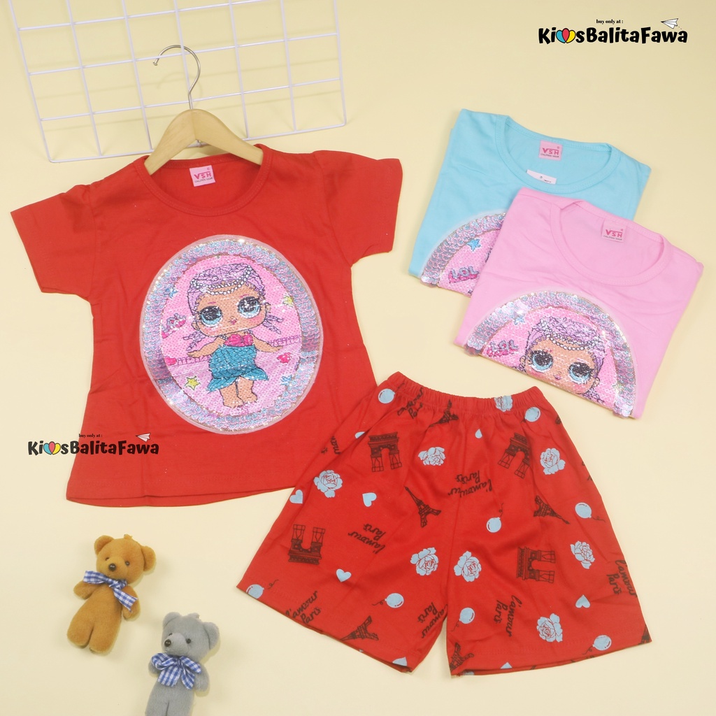 Setelan Queena uk 1-2 Tahun / High Quality Baju Lengan Pendek Anak Perempuan Kaos Karakter Cewek