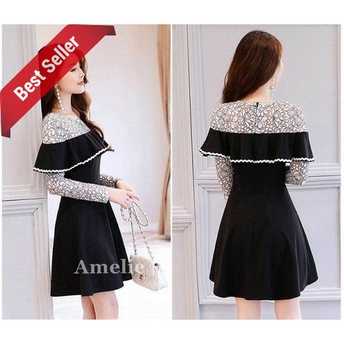 TERMURAH - Dress Import Sexy Party Mini Gaun Pesta Lengan Lace Brukat Korea Black Wanita Murah